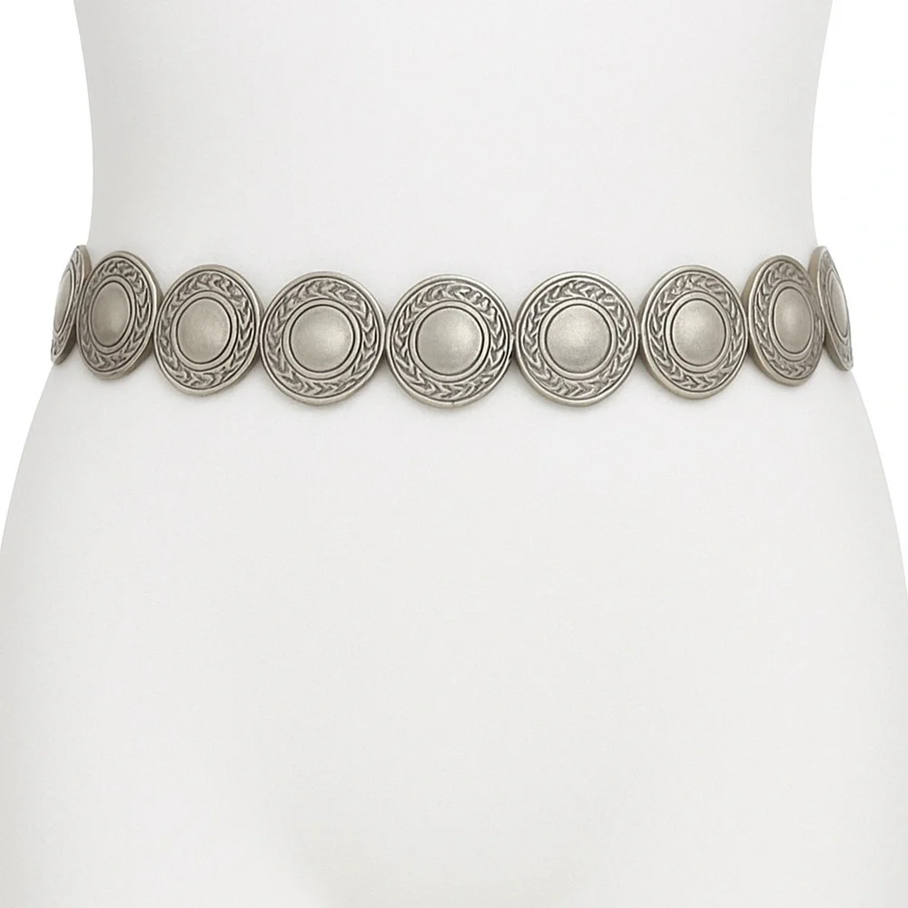 Vintage Metal Round Silver 1” Disc Belt Stretchy Fits Waist 27”-32”